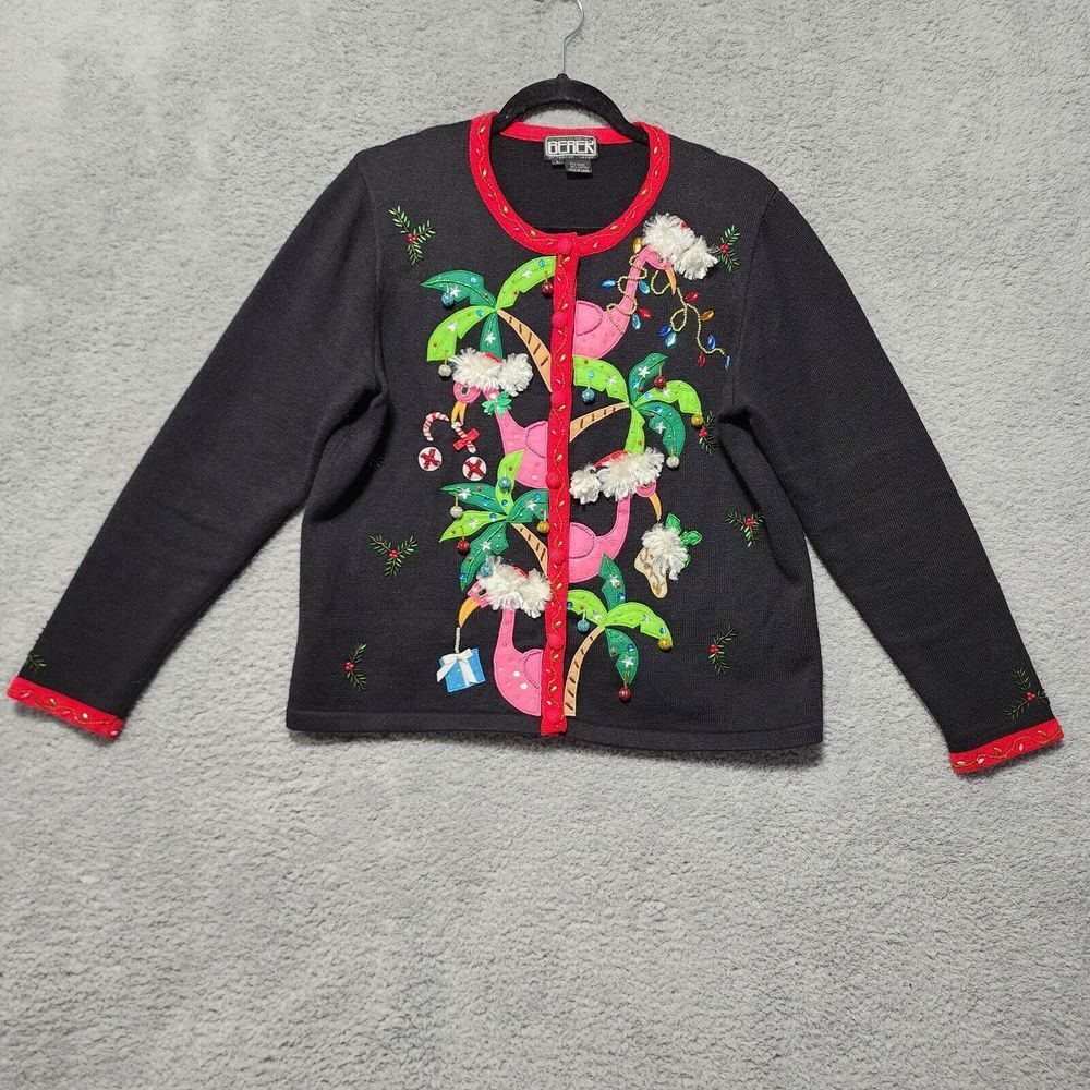 Berek Christmas‎ Sweater Cardigan Beach Flamingos Palm Tree Florida Santa Large